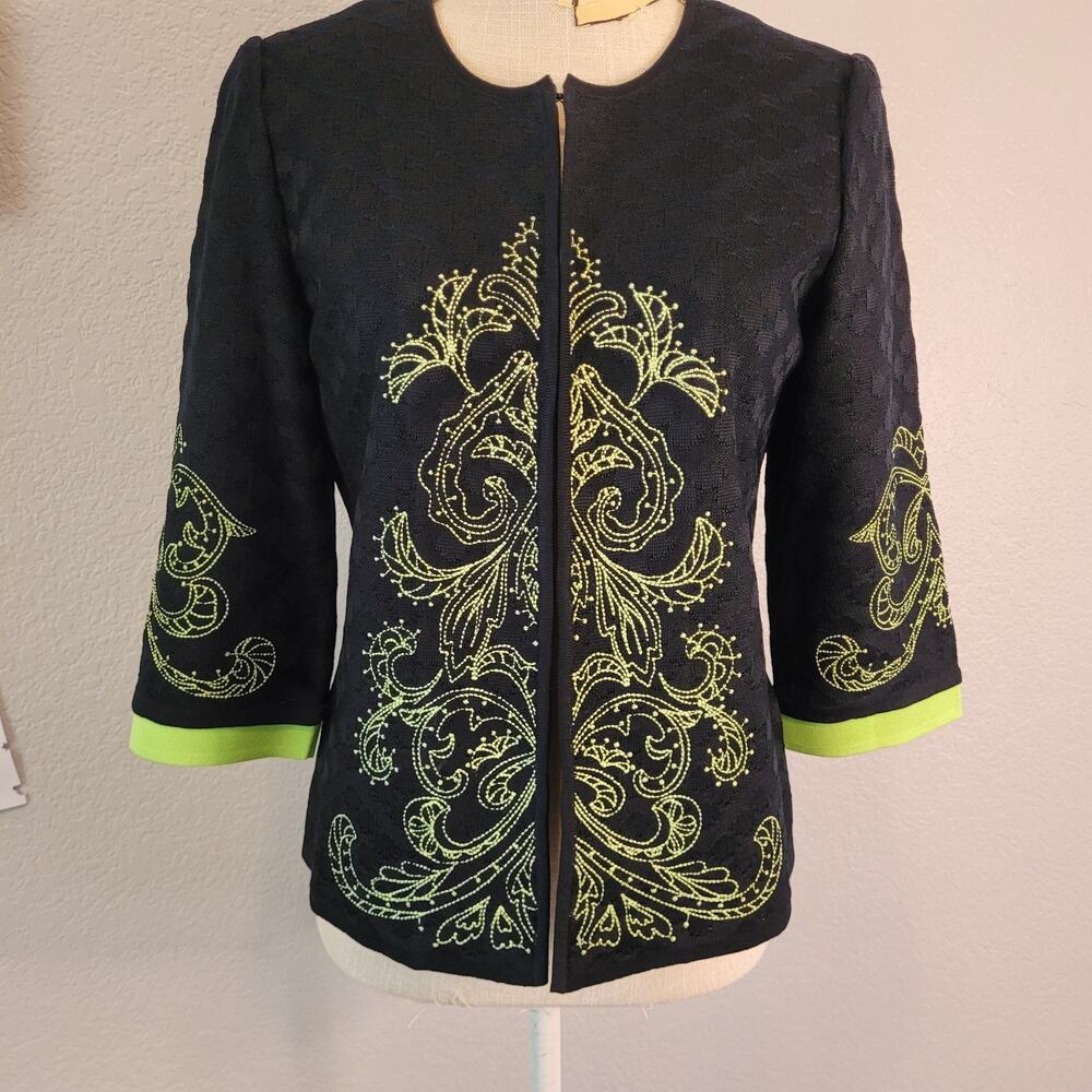 Ming Wang Jacket Cardigan Size Petite-Small Black Green Embroidered Knit Asian
